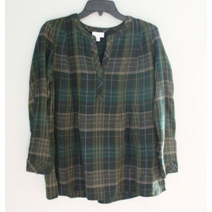J. Jill Dark Spruce Green Plaid 1/23 Button Blouse Women's Size XS Petite